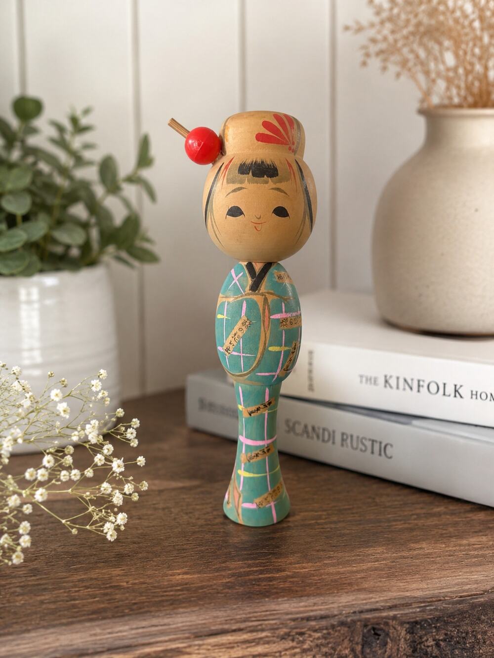 Vintage Japanese Kokeshi Wooden Doll Hand Painted Turquoise Kimono Signed Japan